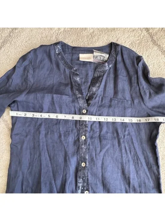Chico’s NWT Linen Sequin Trim Blouse Blue Button Front Top Lightweight - Picture 6 of 7